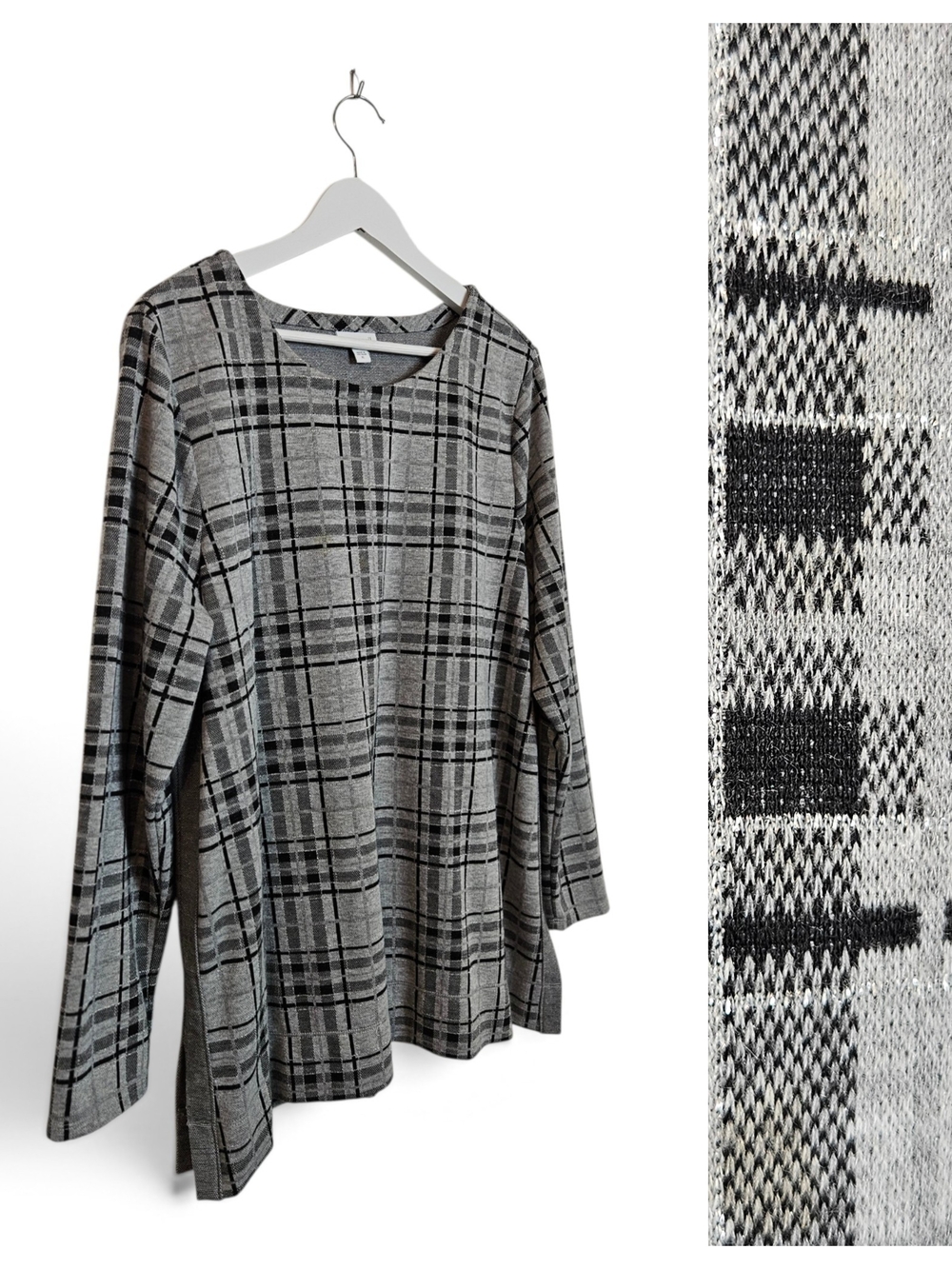 J. Jill Sweater Tunic XL Metallic Plaid Side Slit Quiet Luxury Gray Black Silver